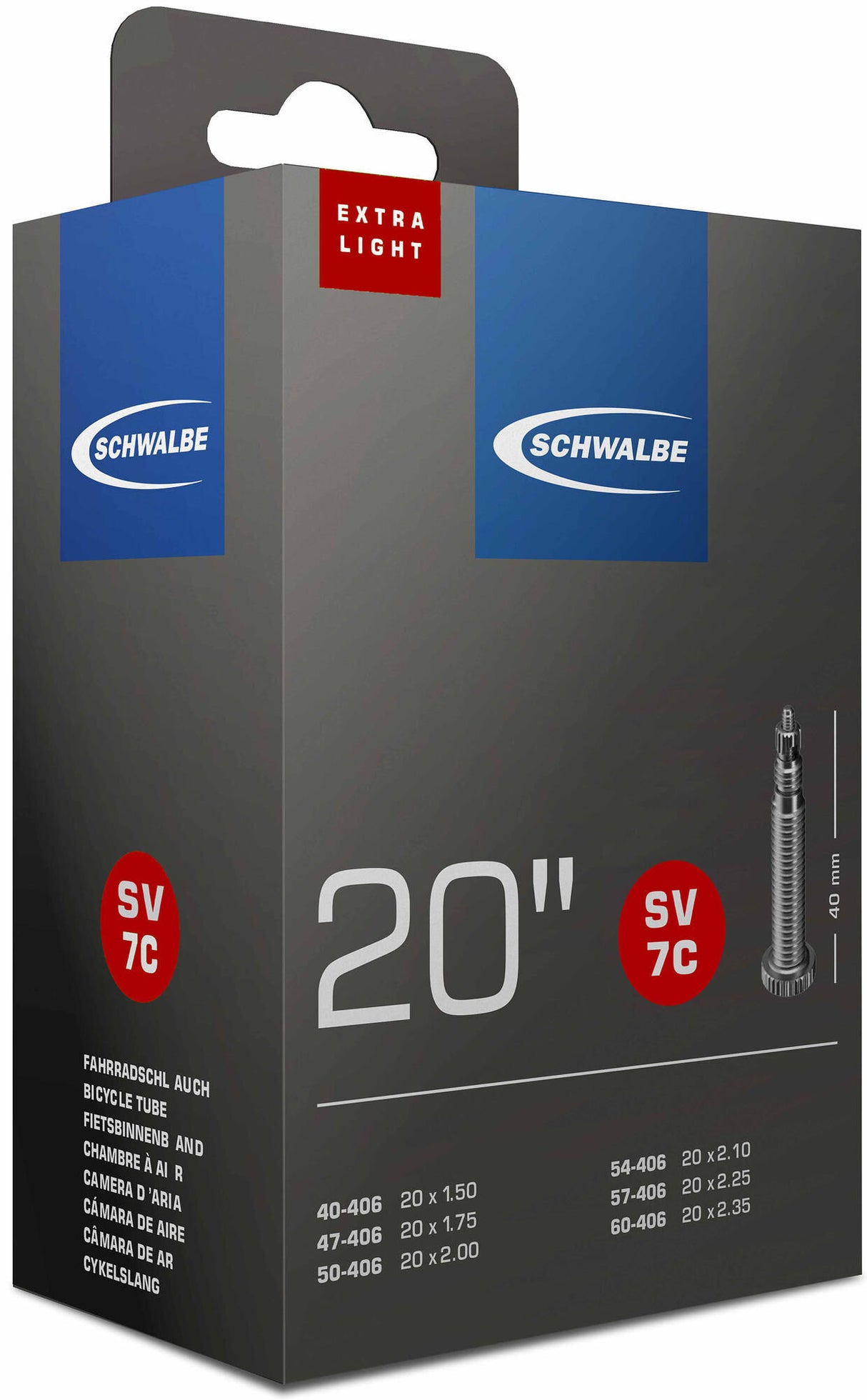 Schwalbe binnenband "nr. 7 c extralight", 20" schwalbe tube #7c 40/60-406 sv40 xlight