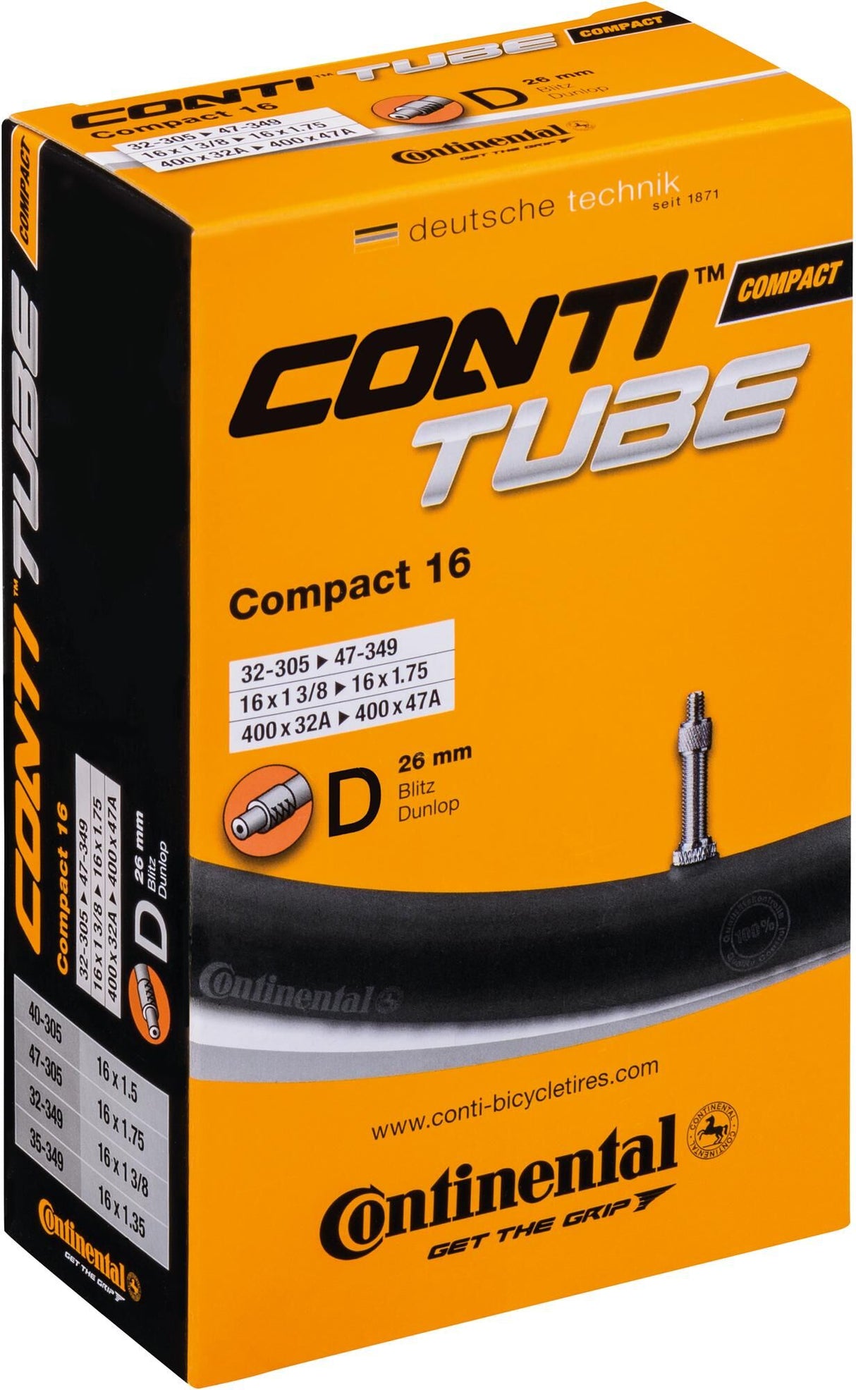 Continental binnenband "compact 16" conti tube compact 16" 32/47-305/349 d26