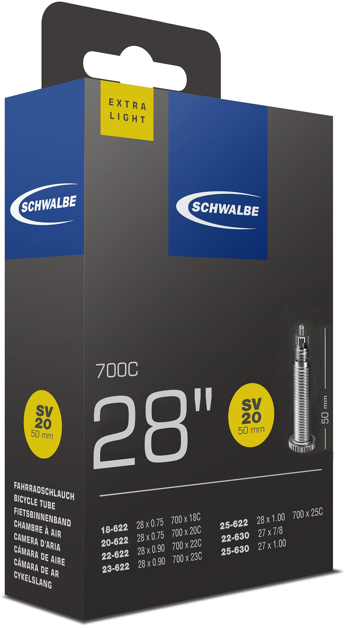 Schwalbe Binnenband sv20 50mm 28inch 18 25-622 630 extra licht 81gr
