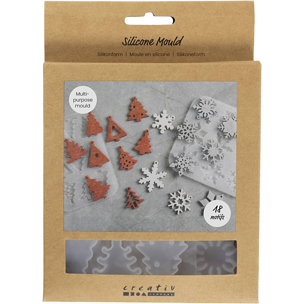 Creativ company siliconen vormen, sneeuwvlokken en kerstbomen, h: 0,3 cm, b: 3,5+4,7 cm, met gat om op te hangen, mat transparant, 2 stuk 1 stuk