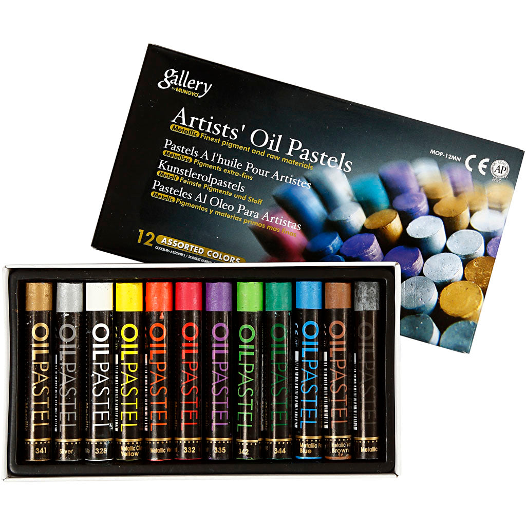 Gallery oliepastel, l: 7 cm, dikte 11 mm, metallic kleuren, 12 stuk 1 doos