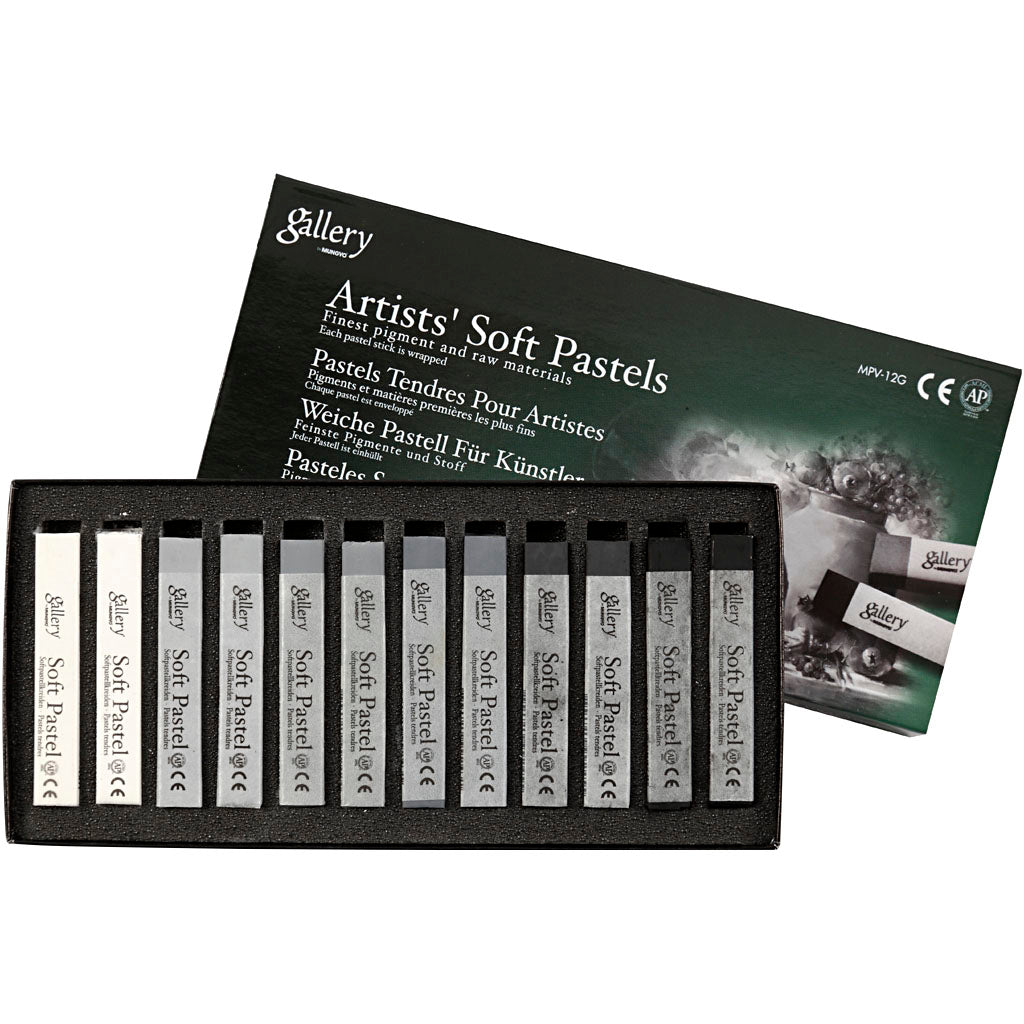 Creativ company gallery soft pastel set, l: 6,5 cm, dikte 10 mm, zwart wit harmonie, 12 stuk 1 doos