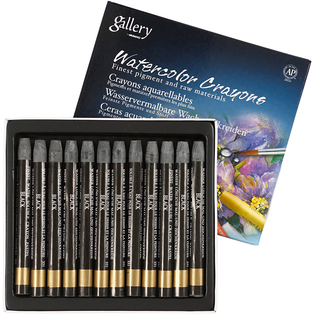 Mungyo aquarelkrijt, l: 9,3 cm, dikte 8 mm, zwart (331), 12 stuk 1 doos