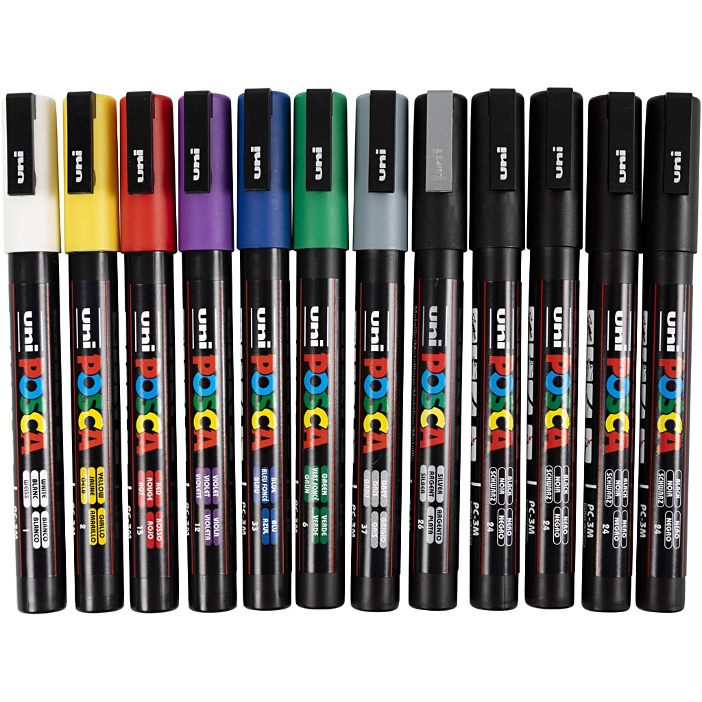 Uni-posca posca marker, afm pc-3m, lijndikte 0,9-1,3 mm, fijn, diverse kleuren, 12 stuk 1 doos