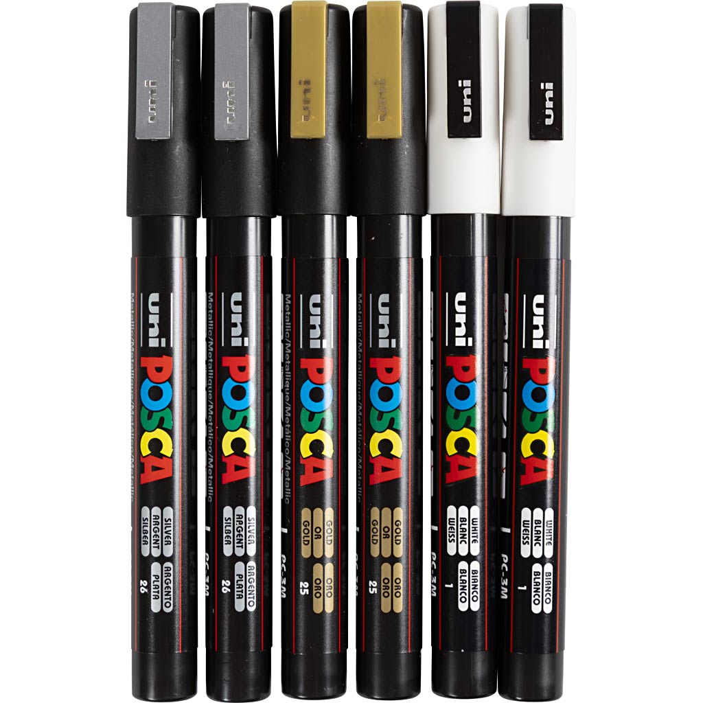 Uni-posca posca marker, afm pc-3m, lijndikte 0,9-1,3 mm, fijn, goud, zilver, wit, 6 div 1 doos