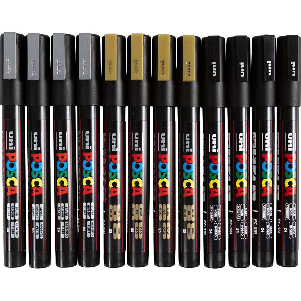 Uni-posca posca marker, afm pc-3m, lijndikte 0,9-1,3 mm, fijn, zwart, goud, zilver, 12 div 1 doos