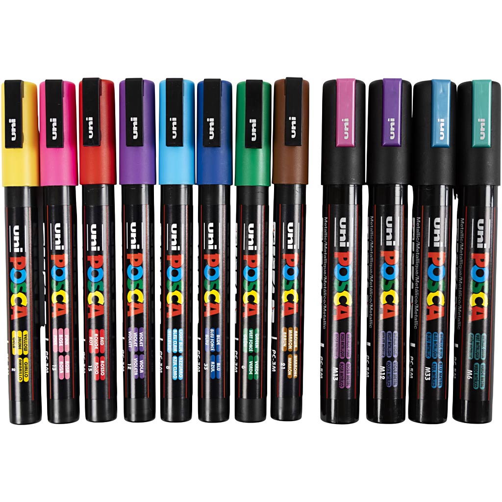 Uni-posca posca marker, afm pc-5m + pc-3m, lijndikte 0,9-1,3 + 2,5 mm, diverse kleuren, 12 div 1 doos
