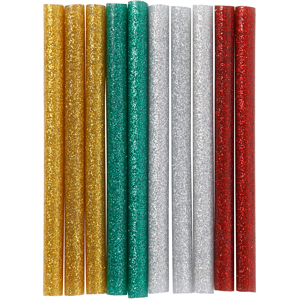 Creativ company lijmstiften mini, l: 10 cm, d 7 mm, glitter, goud, groen, rood, zilver, 10 stuk 1 doos