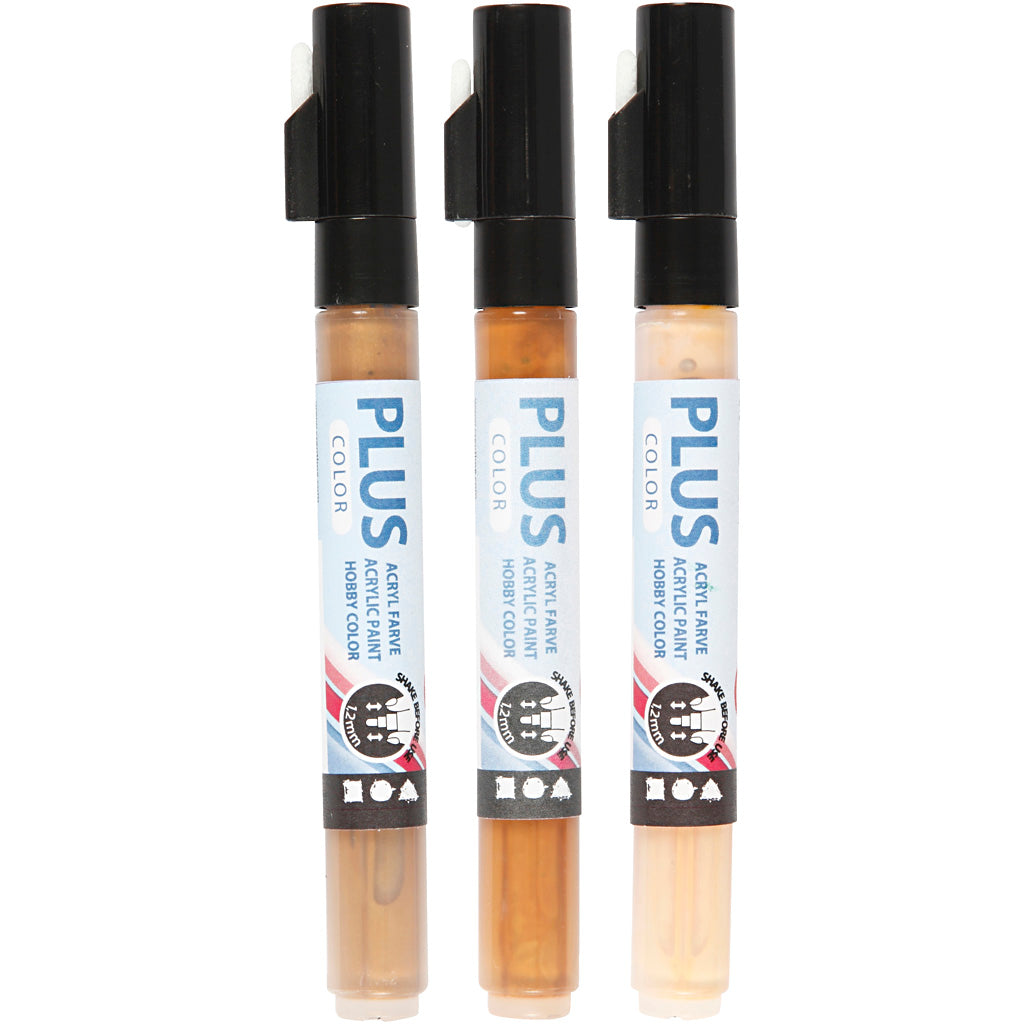 Plus color marker, l: 14,5 cm, lijndikte 1-2 mm, licht beige, goud, raw sienna, 5,5 ml, 3 stuk 1 doos