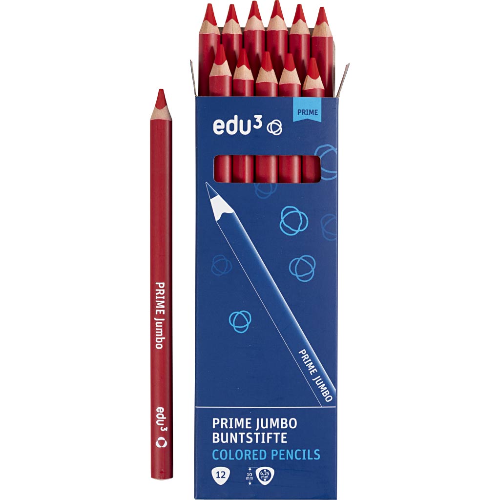 Edu3 edu jumbo kleurpotlood, dikte 10 mm, vulling 6,25 mm, donkerrood, 12 stuk 1 doos