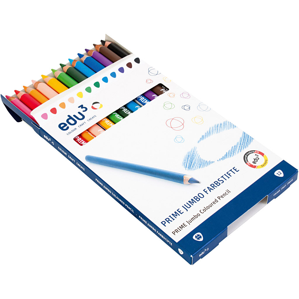 Edu3 edu jumbo kleurpotlood, dikte 10 mm, vulling 6,25 mm, diverse kleuren, 12 stuk 1 doos