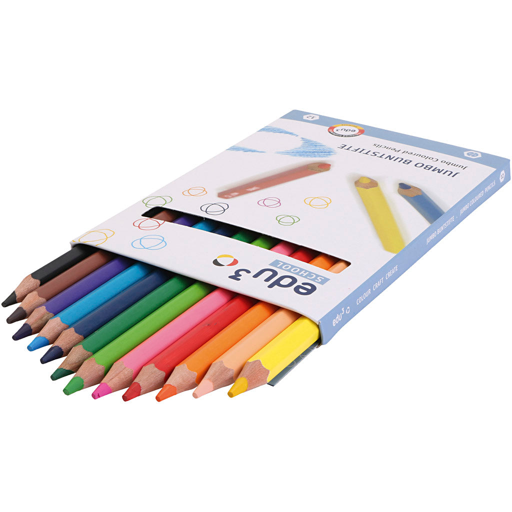 Edu3 edu jumbo kleurpotloden, dikte 10 mm, vulling 5 mm, diverse kleuren, 12 stuk 1 doos