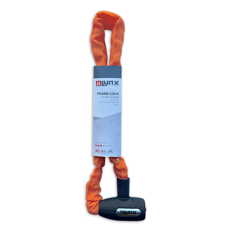 Oranje Lynx Cityline M Kettingslot - 85cm, gehard staal, 5.5mm vierkante schakels, weerbestendig, auto-click, 3 sleutels