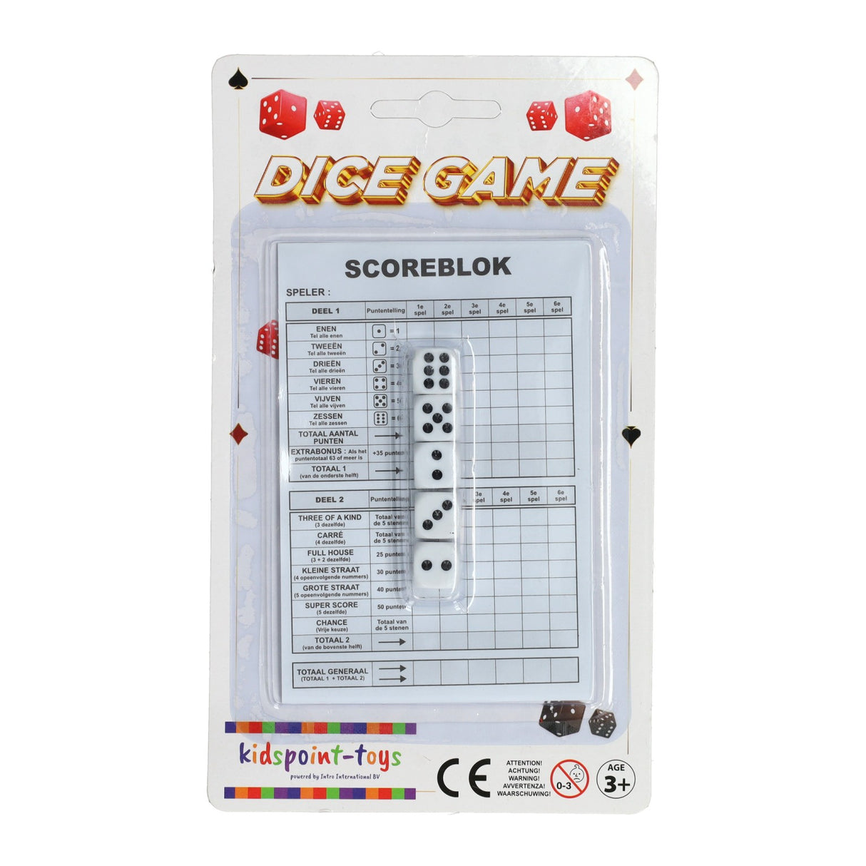 Dobbelspel met scoreblok en 5 dobbelstenen