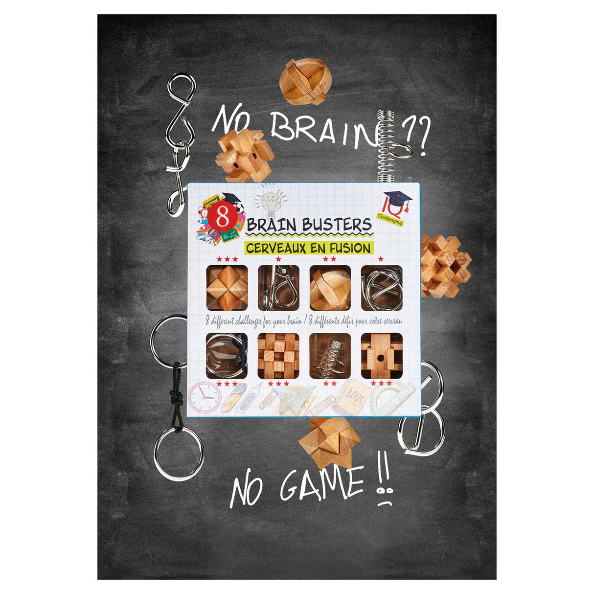 Breinpuzzelset hout en metaal, 8st.
