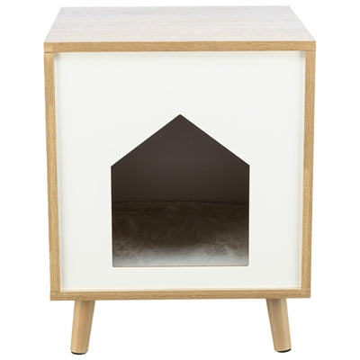 Trixie kattenmand huis is een houtlook lichtbruin wit