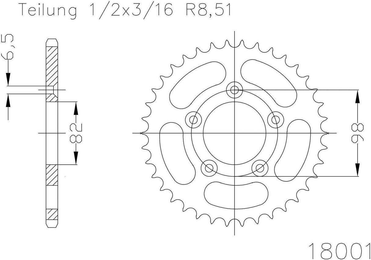 Esjot achtertandwiel, zilver chain wheel 51z steel silver
