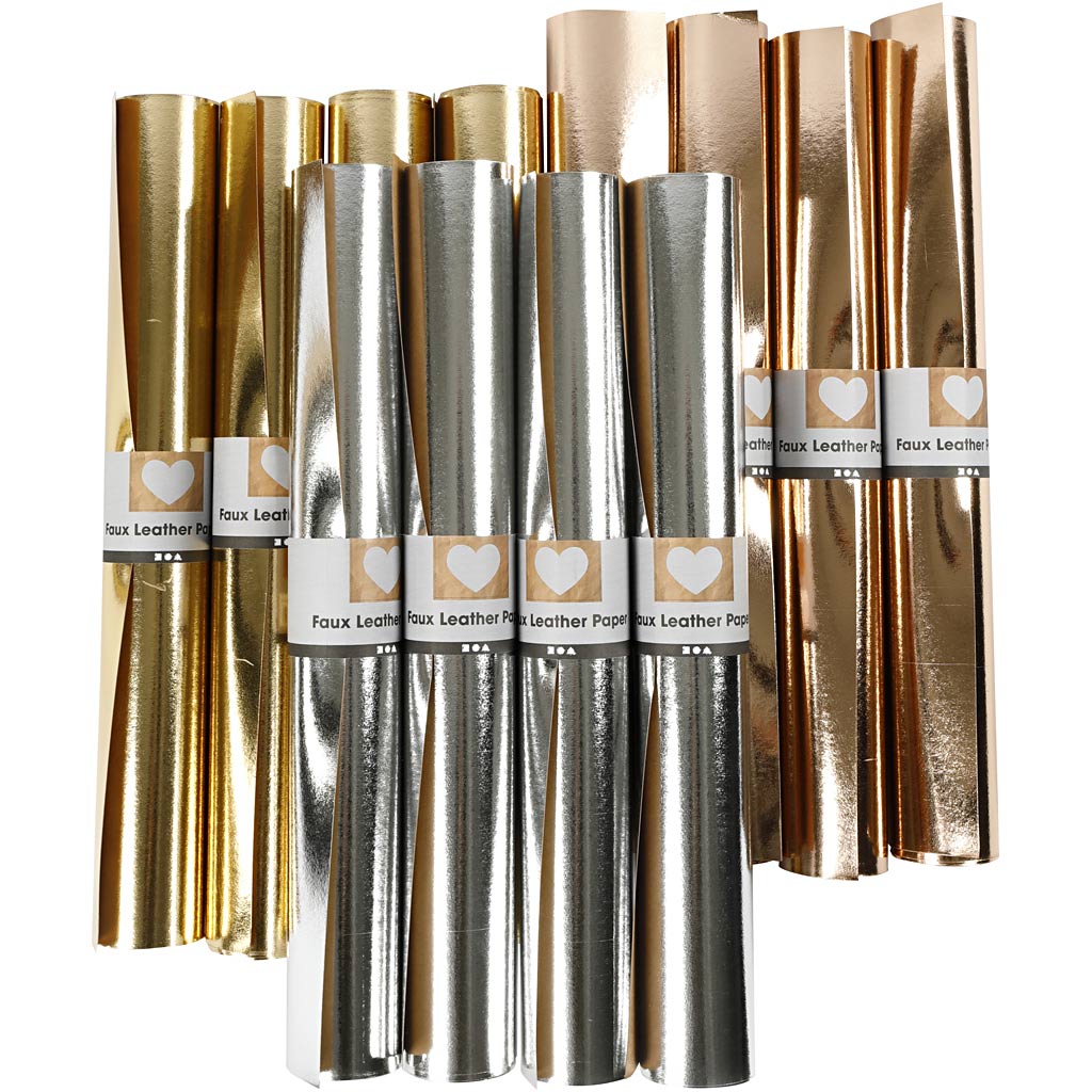 Creativ company kunstleer papier, b: 49 cm, dikte 0,55 mm, unikleurig,met folie, goud, roze goud, zilver, 12x1 m 1 doos