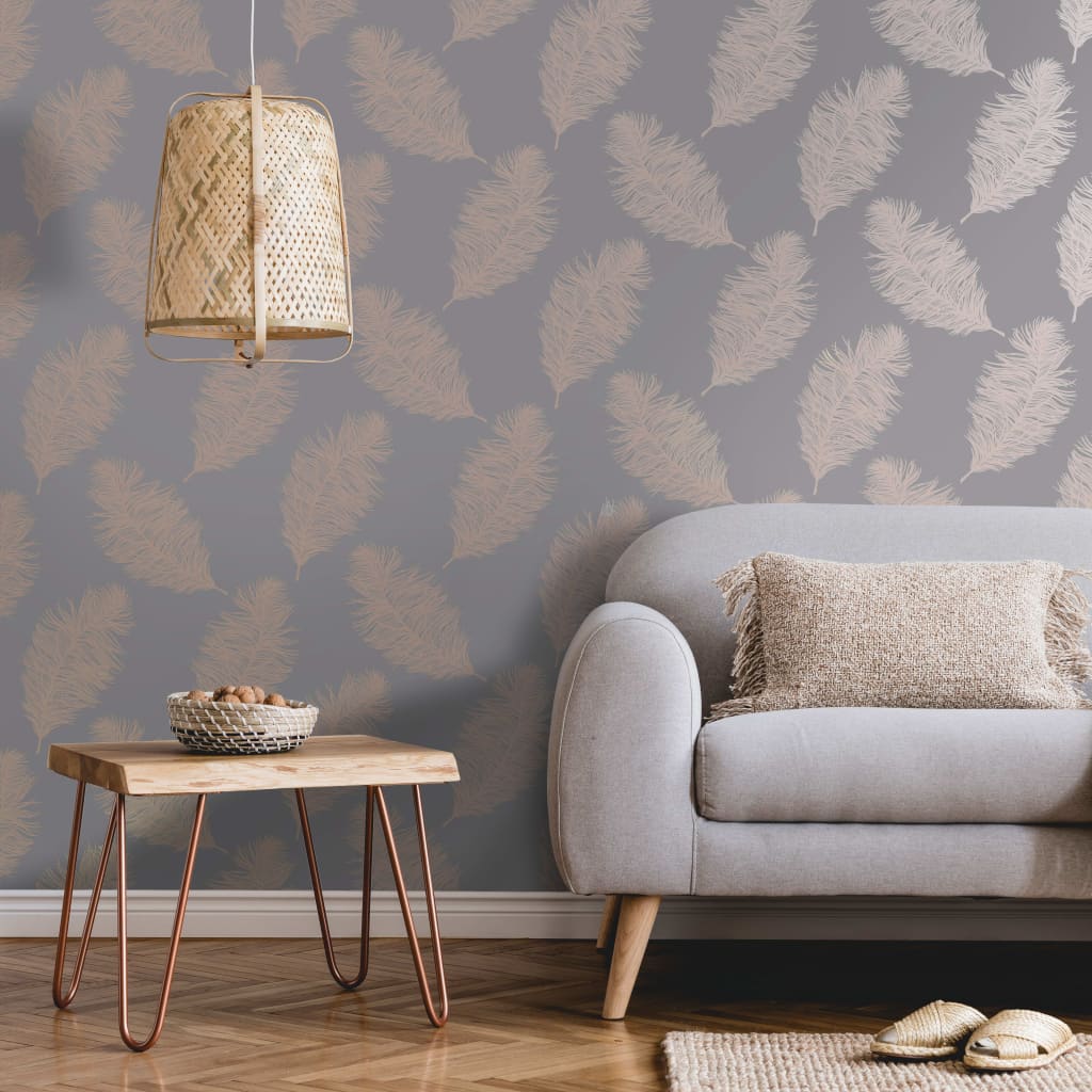 Dutch wallcoverings behang fawning veer grijs en roségoudkleurig
