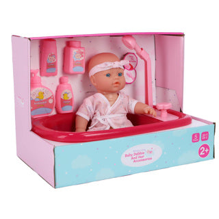 Mijn prachtige poppenkamerpoppenbadje met douchefunctie, pop en set van 5 accessoires