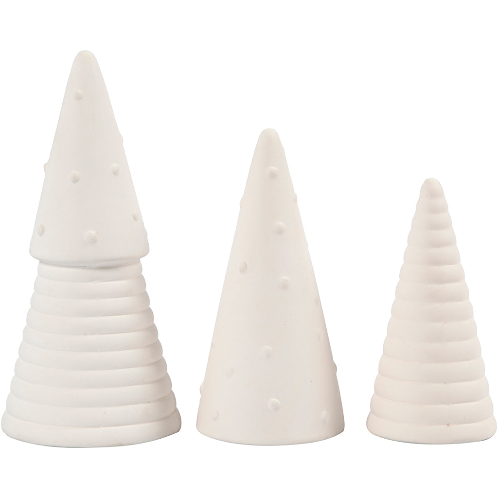 Creativ company kerstbomen, h: 10+12+15 cm, d 5+6+7 cm, wit, 3 stuk 1 doos