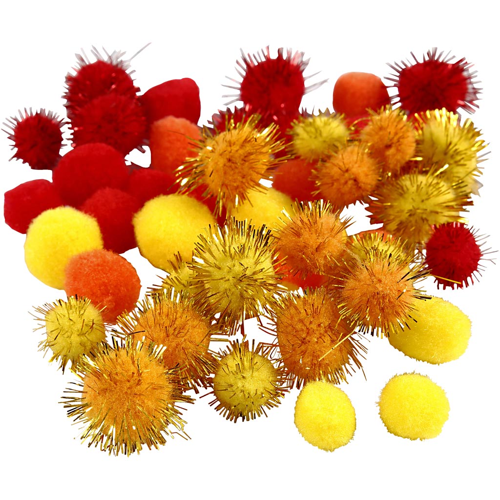 Creativ company pompons, d 15+20 mm, oranje, rood, geel, 48 div 1 doos