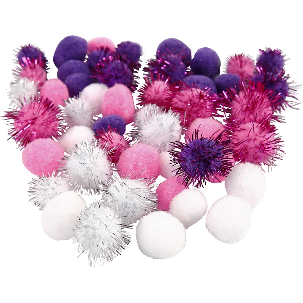 Creativ company pompons, d 15+20 mm, paars, lichtrood, wit, 48 div 1 doos