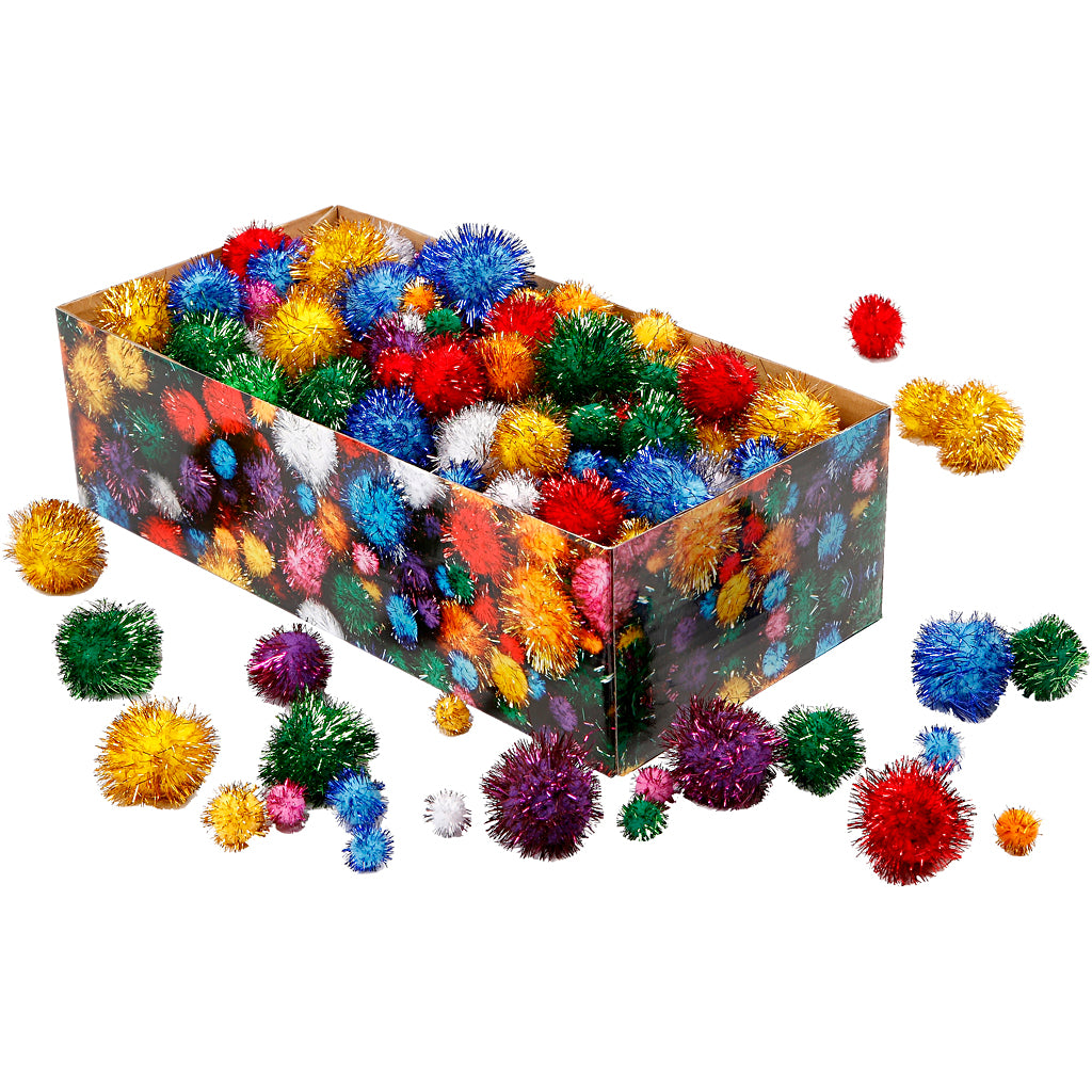Creativ company pompons, d 15-40 mm, glitter, ca. 400 stuk, sterke kleuren, 400 gr 1 doos