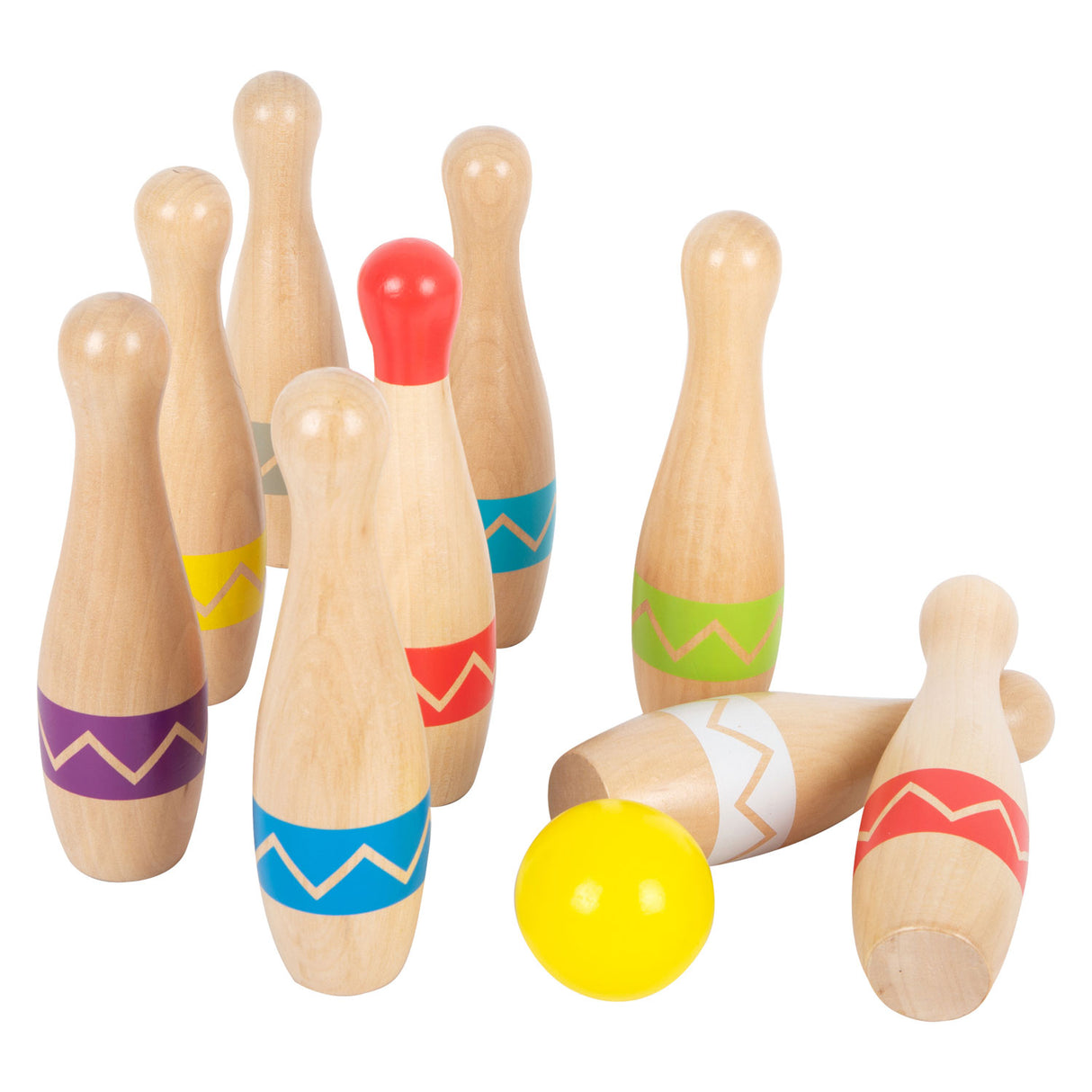 Small foot - houten kegelspel met zigzag patroon, 11dlg.