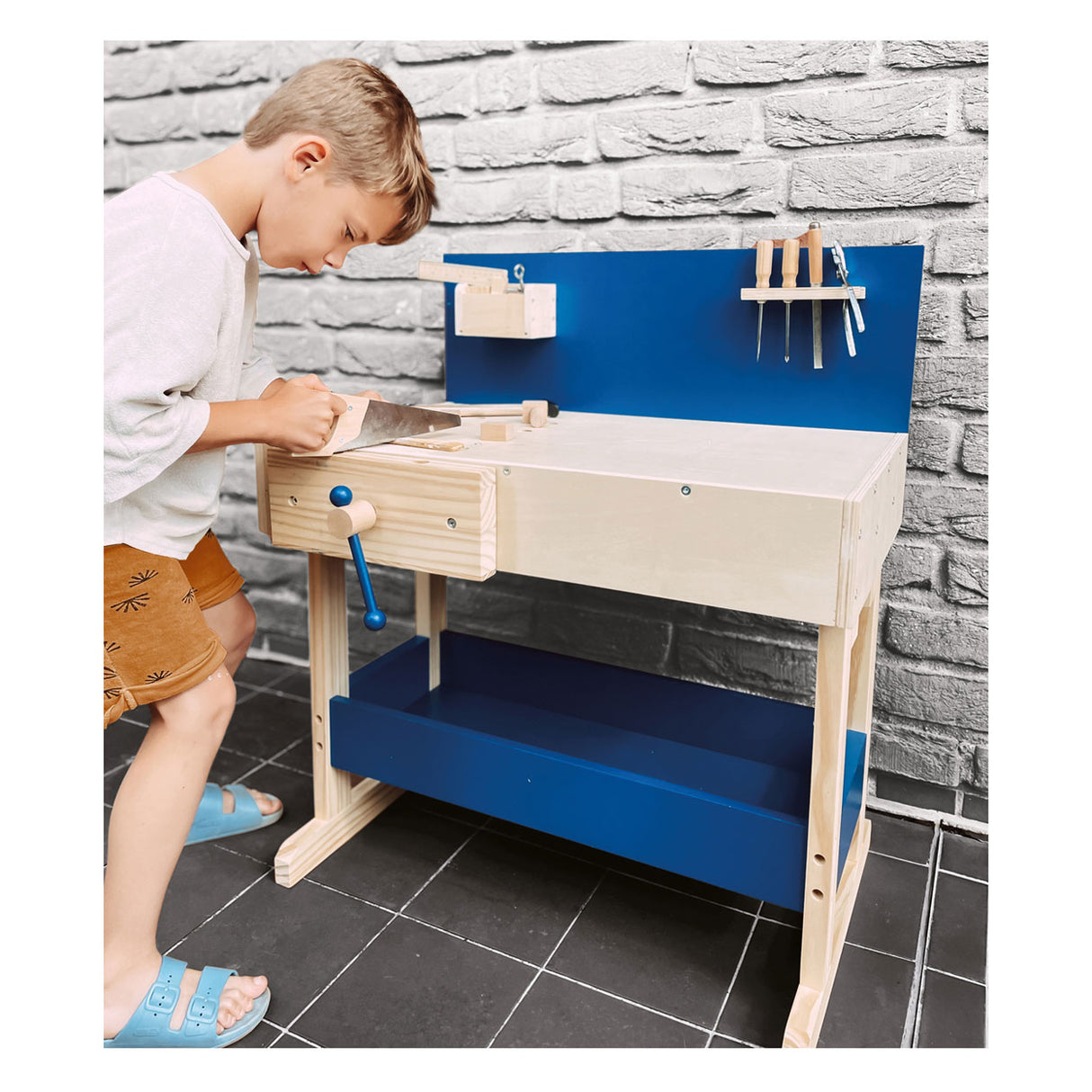 Small Foot Houten Speelgoedwerkbank Blauw met Accessoires