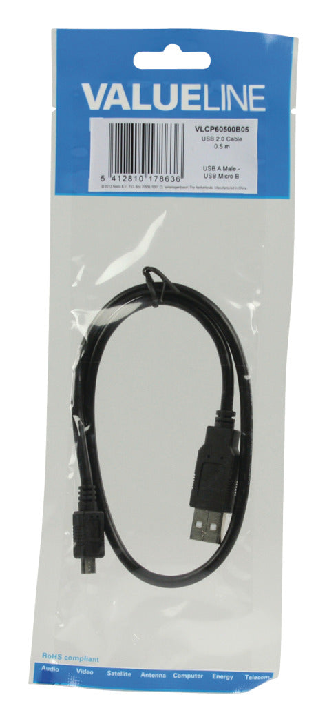 Valueline vlcp60500b05 usb 2.0 usb a male - usb micro b male kabel 0,50 m zwart