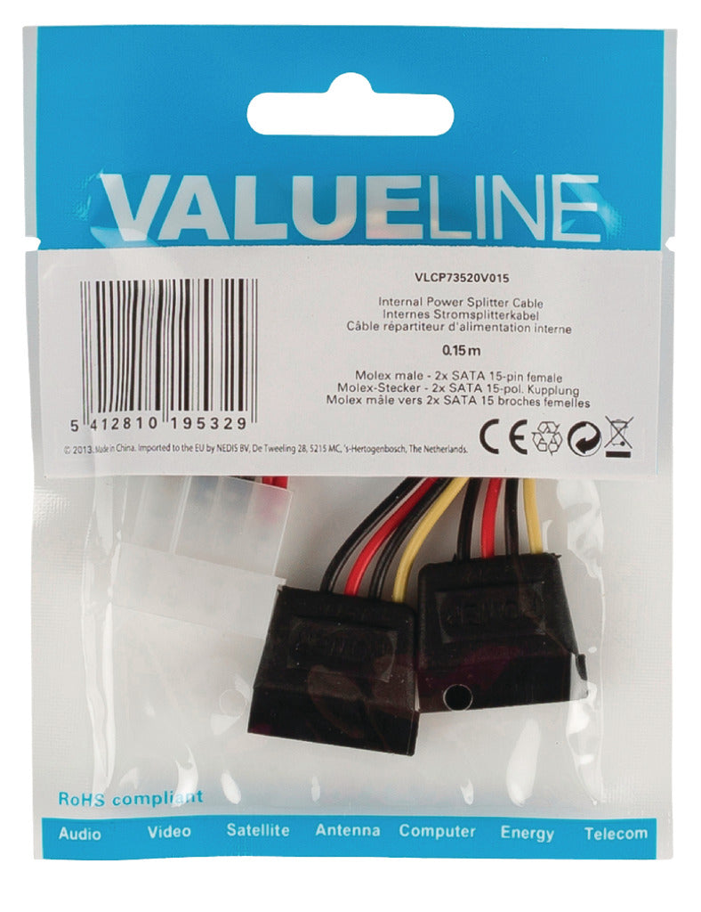 Valueline vlcp73520v015 interne stroom splitterkabel molex mannelijk - 2x sata 15-pins vrouwelijk 0,15 m veelkleurig