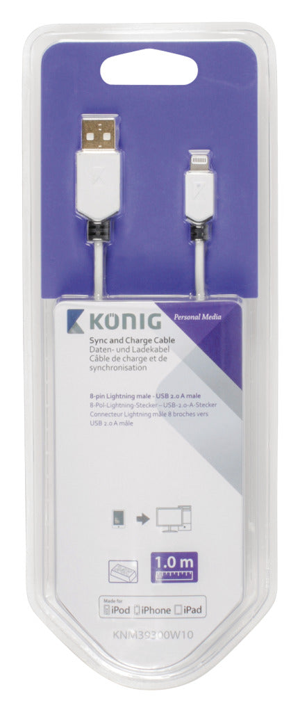 K ouml;nig knm39300w10 sync and charge kabel 8-pins lightning male - usb 2.0 a male 1,00 m wit