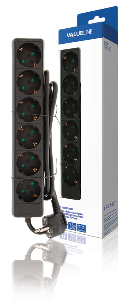 Valueline vles615f001bl stekkerdoos 6-wegs 1.50 m zwart