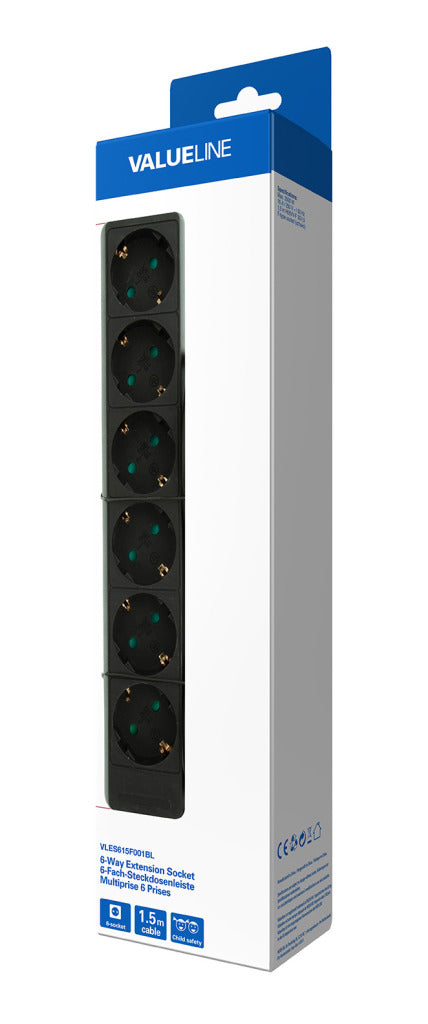 Valueline vles615f001bl stekkerdoos 6-wegs 1.50 m zwart