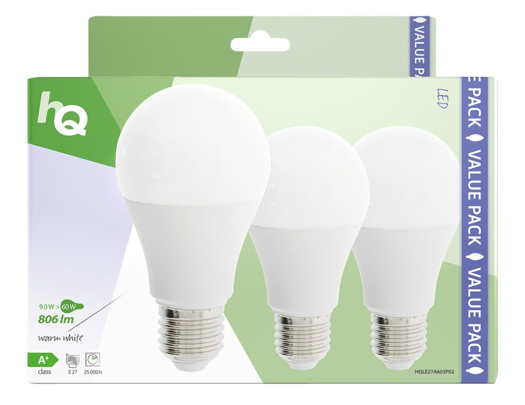 Hq le27a603p02 led lamp 3 stuks e27 a60 9 w 806 lm 2700 k