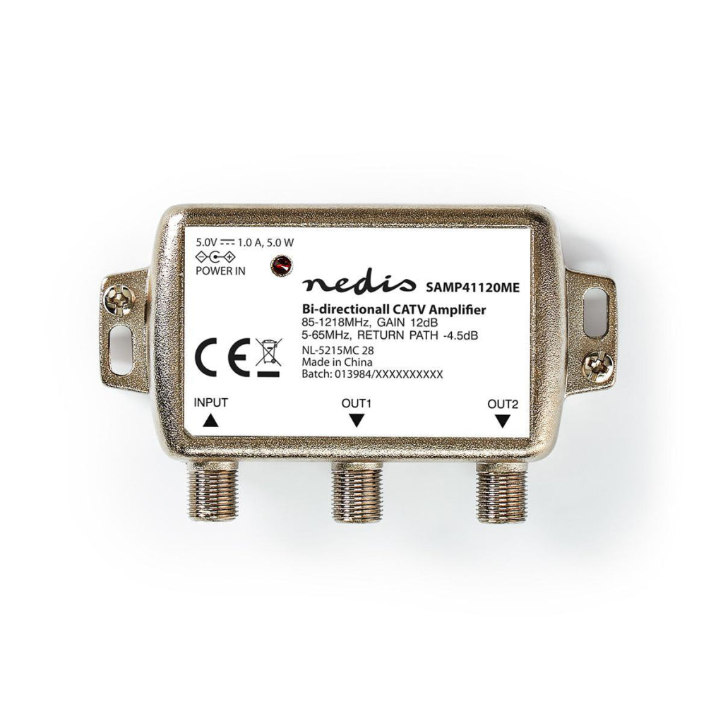 Nedis samp41120me catv versterker max. 9 db versterking 85 - 1218 mhz 2 uitgangen retourkanaal -4,5 db 5 - 65 mhz f