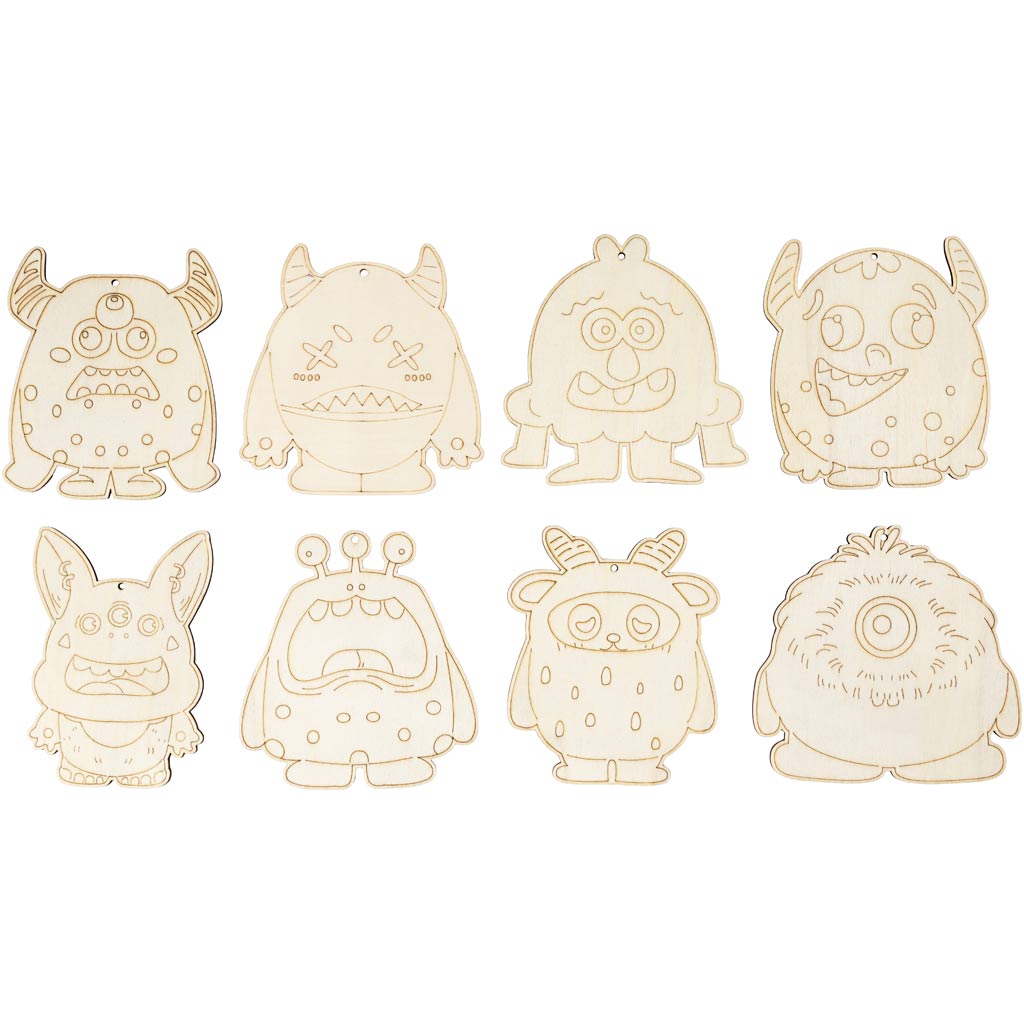 Creativ company houten figuren, monsters, h: 12,4 cm, dikte 3 mm, 8 stuk 1 doos
