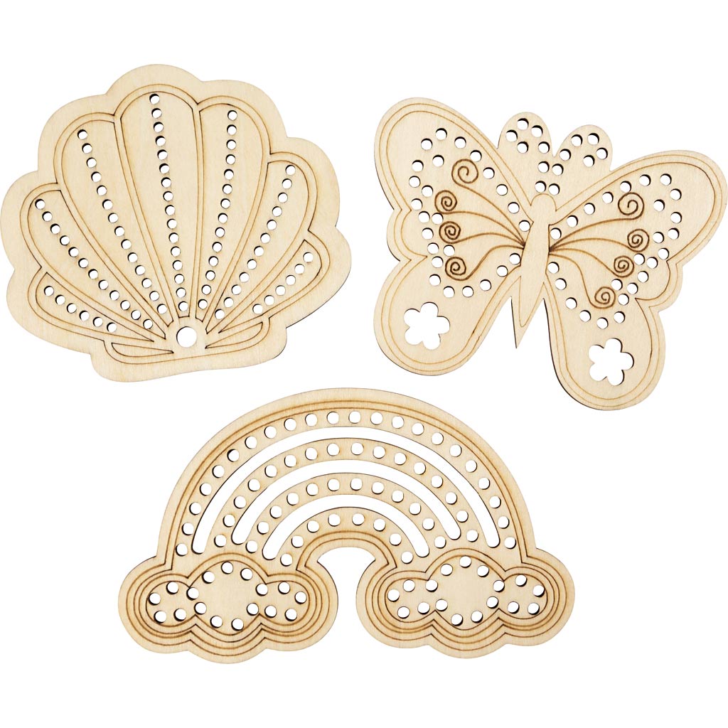 Creativ company houten vorm met gaten, regenboog, schelp, vlinder, afm 7,5-13 cm, 6 stuk 1 doos