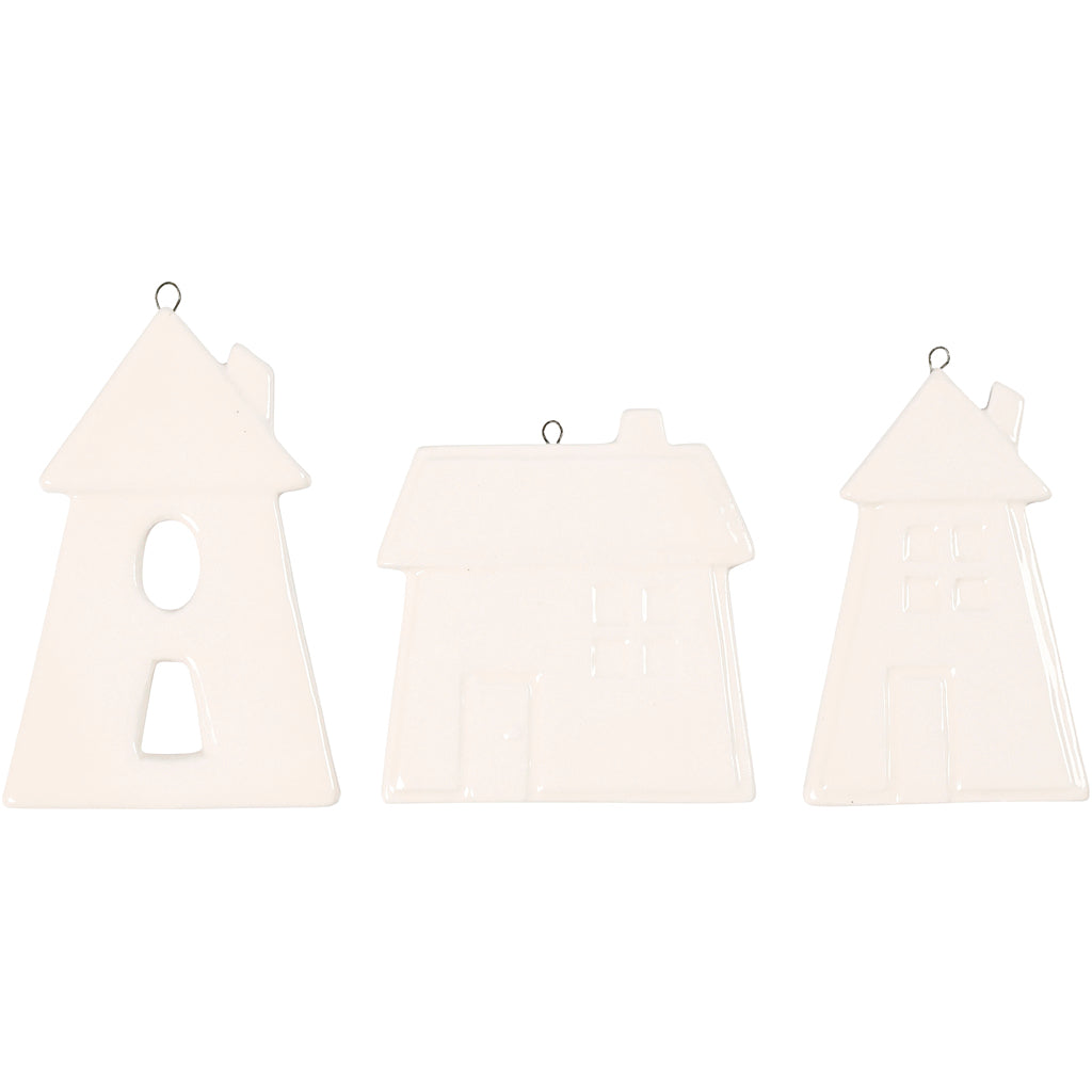 Creativ company hangende ornamenten, huizen, h: 7,6-9,7 cm, wit, 3 stuk 1 doos
