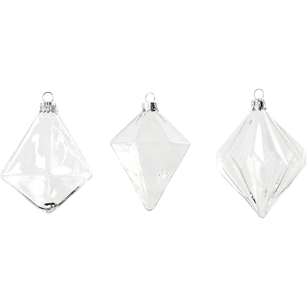 Creativ company glazen ornamenten, h: 9,6+9,8+10,5 cm, d 7+7,9+8 cm, transparant, 3 stuk 1 doos