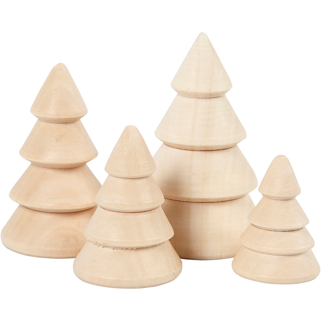 Creatief bedrijf kerstbomen van hout, h: 3,3+4,3+5,3+6,3 cm, d 2,3+3+3,2+4 cm, 4 stuk 1 doos