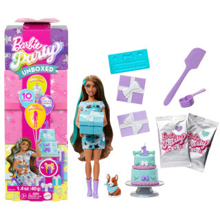 Barbie party unboxed 2 1 pop met blauwe jurk