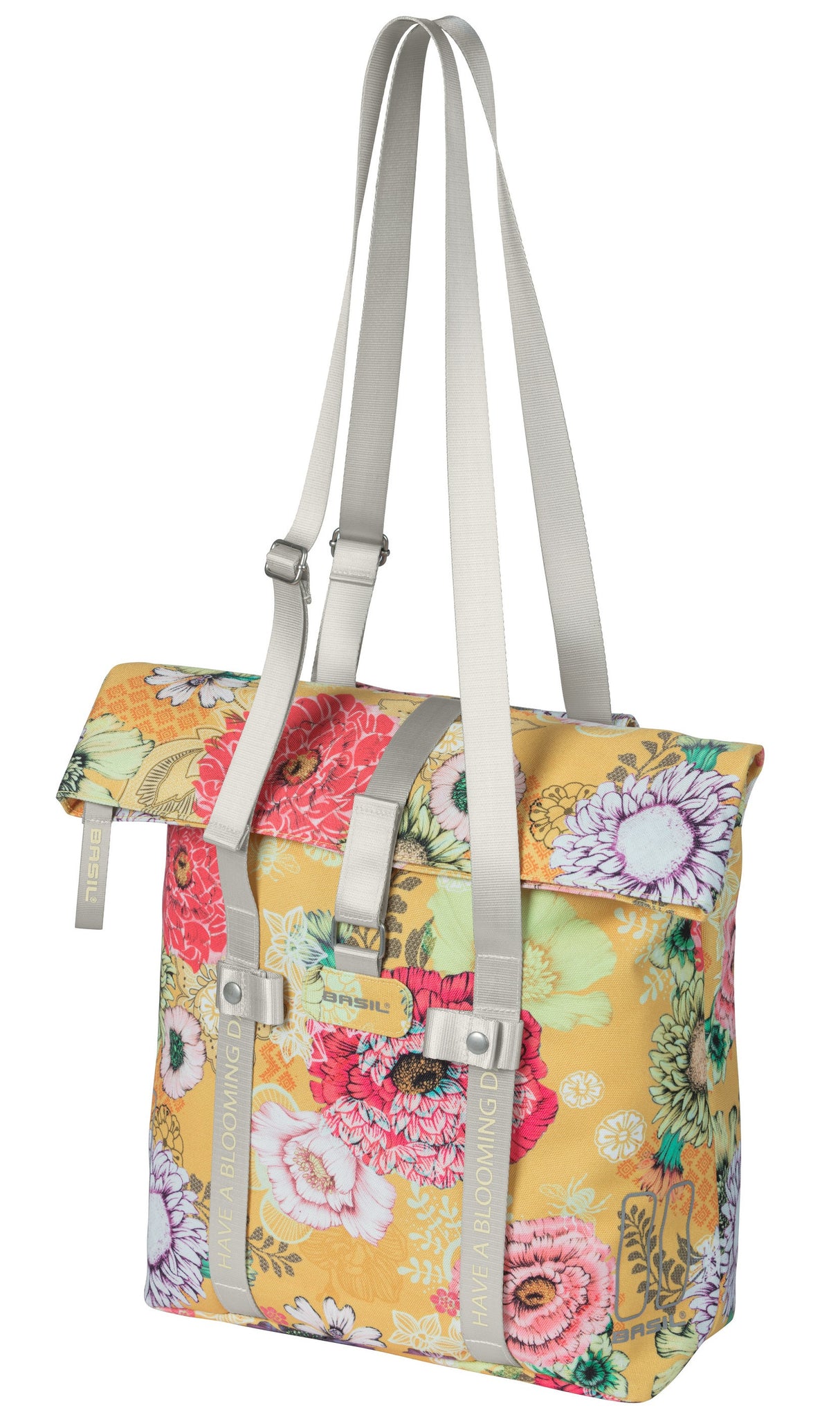 Basil Bloom Field fietsshopper, geel, gerecycled PET, waterdicht, verstelbare schouderriem