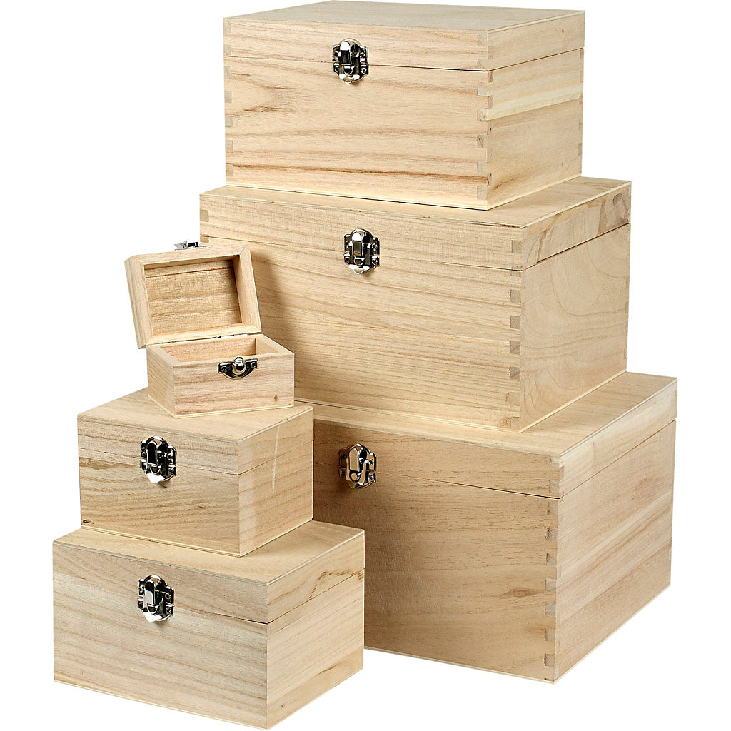 Creativ bedrijfsset houten dozijn, h: 5+7+9+11+13+15 cm, l: 8+11,8+15,8+20+24+27,7 cm, b: 5,8+8,8+12+15+18+21 cm, 6 stuk 1 set