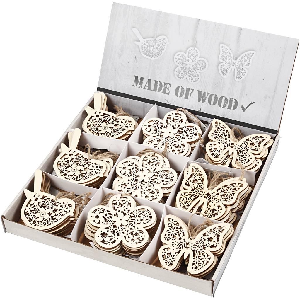 Creativ company houten figuren, vlinder, bloem en vogel, h: 10 cm, b: 10 cm, 90 stuk 1 doos