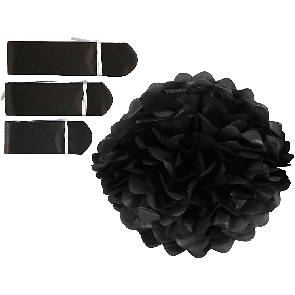 Creativ company pompon van papier, d 20+24+30 cm, 16 gr, zwart, 3 stuk 1 doos
