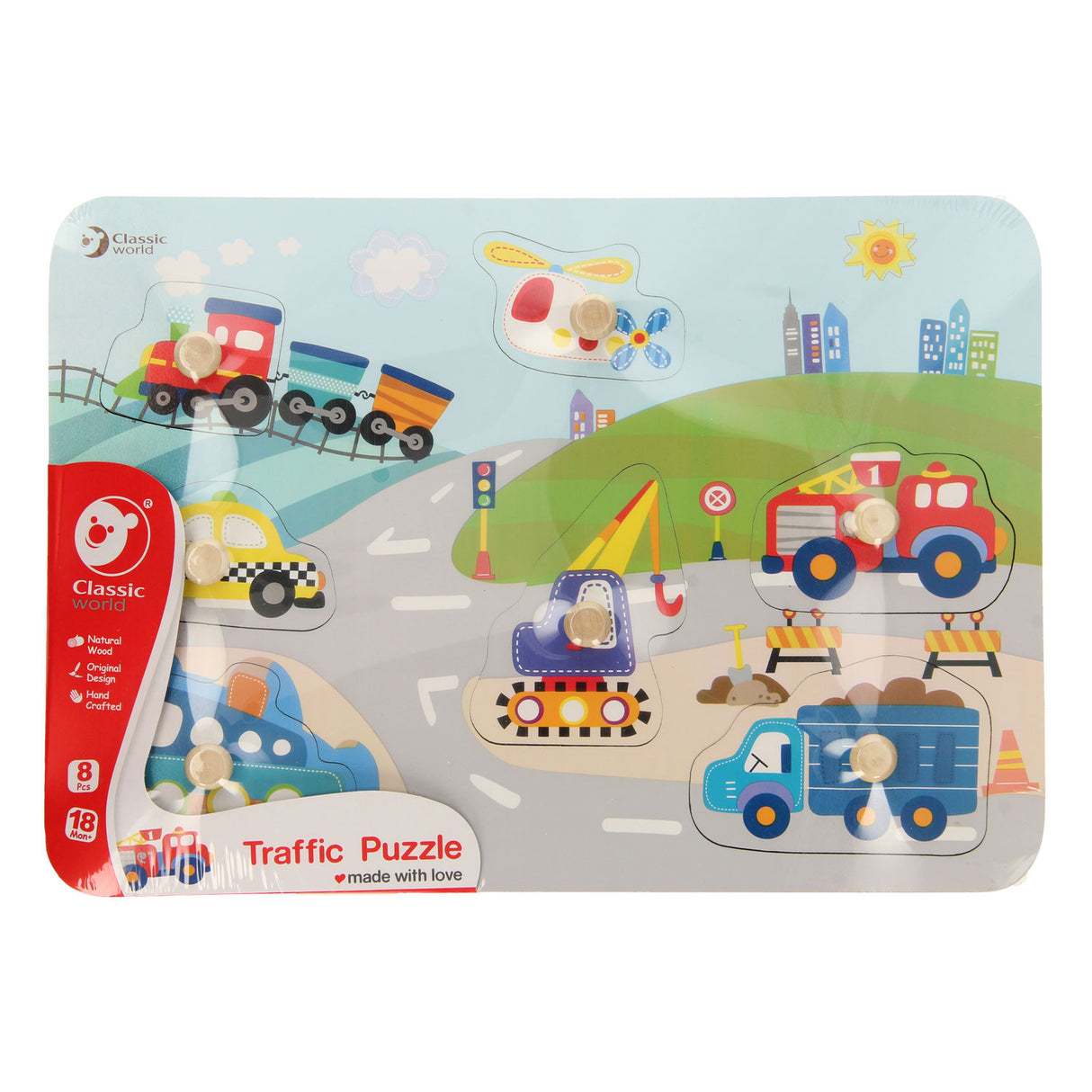 Classic world houten noppenpuzzel verkeer, 8st.