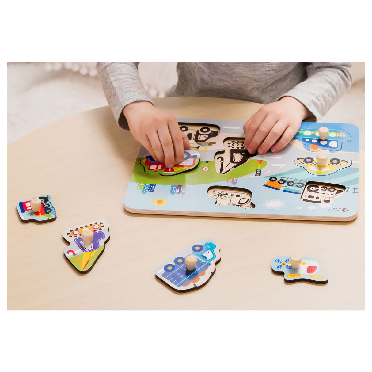 Classic world houten noppenpuzzel verkeer, 8st.