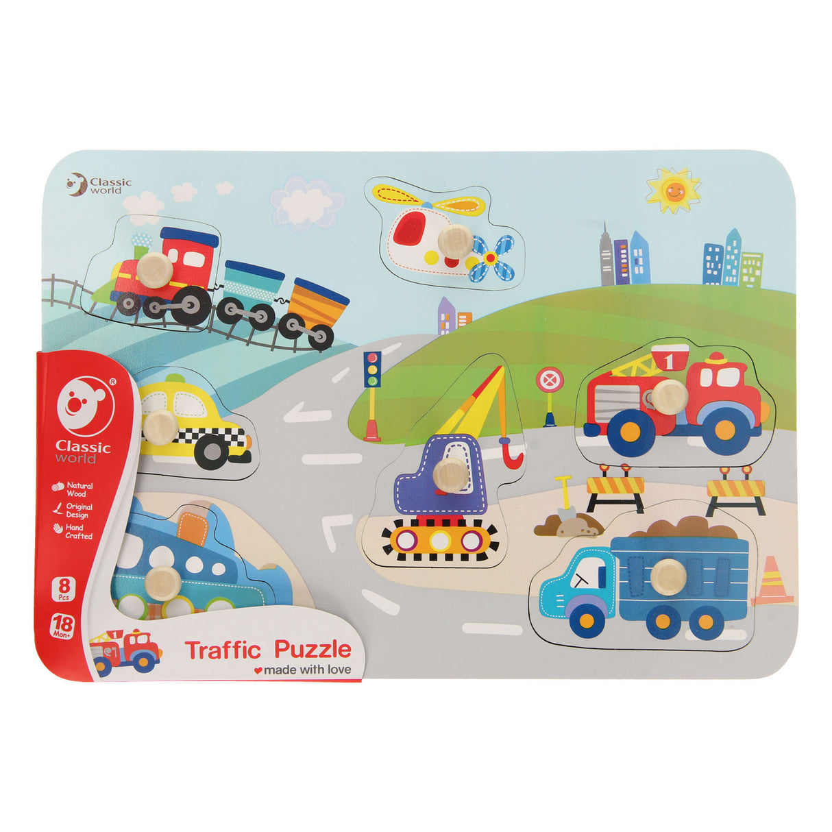 Classic world houten noppenpuzzel verkeer, 8st.